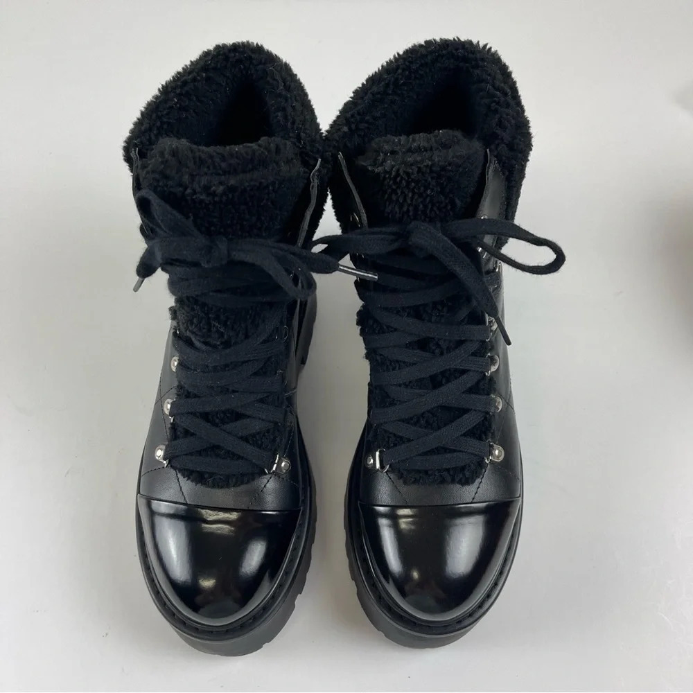 NEW Steve Madden Reyen Boots Womens 8M Black Leather Faux Fur - Picture 2 of 8